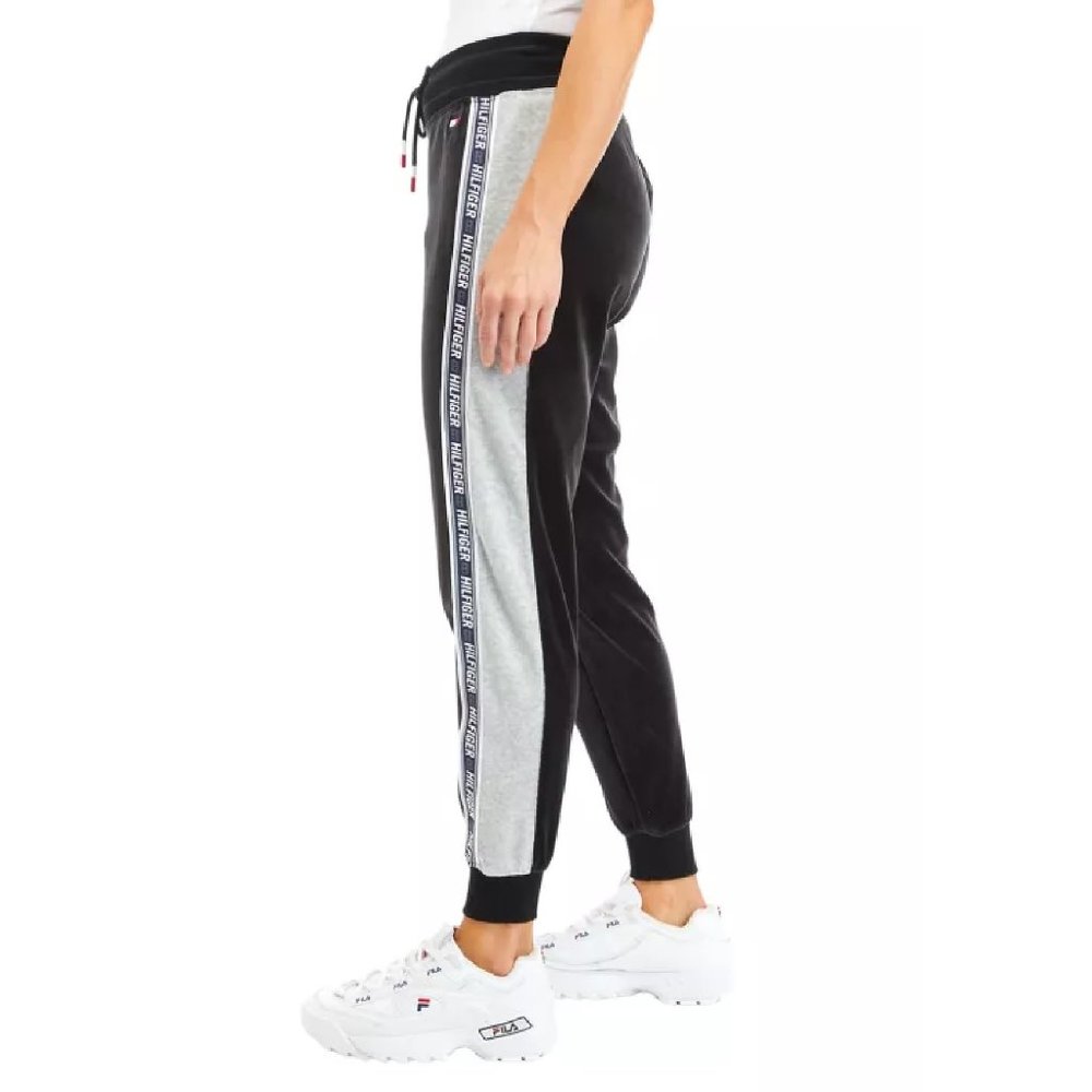 X Small BLACK Tommy Hilfiger Sport Women Athleisure Velour Jogger w/ Logo Taping